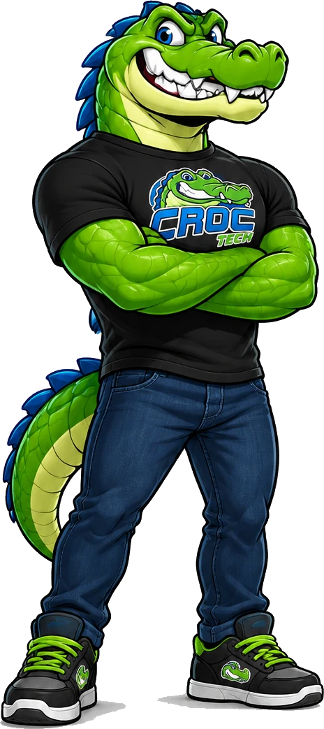 Croc, o mascote da CrocTech, de braços cruzados